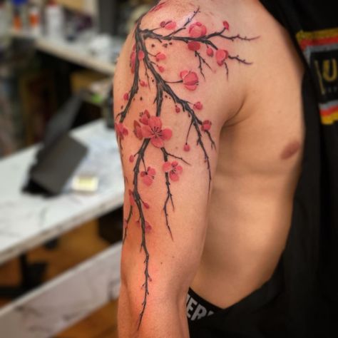 Japanese Pink Tree Tattoo, Masculine Cherry Blossom Tattoo, Tattoo Blossom Cherry, Cherry Blossom Tattoo On Shoulder, Flowering Tree Tattoo, Cherry Blossom Filler Tattoo, Japanese Cherry Blossom Tattoo Shoulder, Cherry Blossom Forearm Tattoo, Japanese Cherry Blossom Tree Tattoo