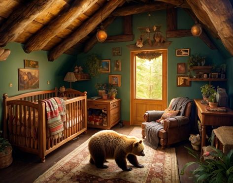 A family of bears preparing for hibernation in their den. The den is decorated with some paintings, rugs, and plants Wood Cabin Nursery, Cabin Nursery, Wooden Cabin Interior, Bear Walking, Wood Cabin, Bear Cabin, Wooden Cabin, Vibrant Rugs, The Den