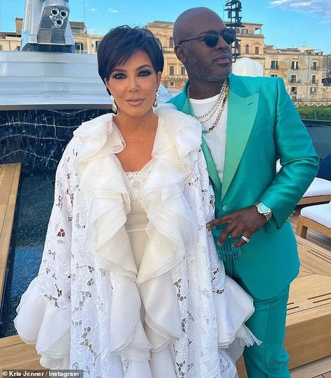 Glamorous: She was clad in a long, white slip dress and matching cape as she was joined by longtime love Corey Gamble, 41 Kris Jenner And Corey Gamble, Long White Slip Dress, Corey Gamble, Italian Trip, Mystery Man, White Slip Dress, Pretty Shorts, Fame Dr, Kris Jenner