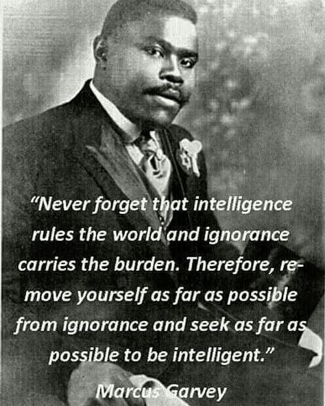 "Never forget that intelligence rules the world and ignorance carries the burden. Therefore, remove yourself as far as possible from ignorance and seek as much as possible to be intelligent"👌 #marcusgarvey  Good morning 🌏 🌎 🌏 ... One ❤  #blackhistorymonth #uk🇬🇧 #jamaica #nationalhero #medianet55 Marcus Garvey Quotes, Martin Luther King Jr Quotes, Mlk Quotes, Marcus Garvey, Black Fact, History Quotes, Intelligence Quotes, Empowerment Quotes, Work At Home