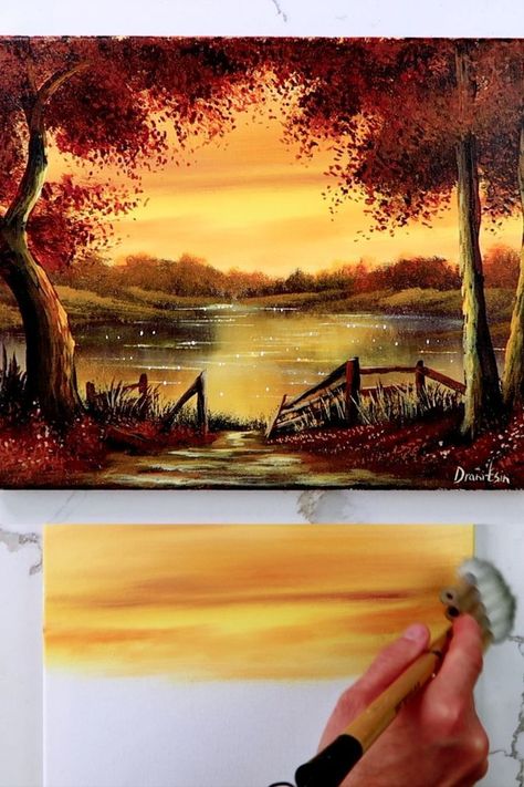 Mountain Sunset Painting, Fall Landscape Painting, Sunset Canvas Painting, Sunset Painting Acrylic, Easy Landscape Paintings, Fall Canvas Painting, Landscape Painting Tutorial, Diy Canvas Wall Art, Canvas Painting Tutorials