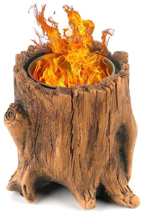 This smokeless, odorless, and ash-free indoor/outdoor tabletop fire pit looks like a realistic tree stump, except it's made from concrete. Concrete Tree, Tabletop Fire Pit, Tabletop Firepit, Tree Stump, Fire Pit, Fuel, Ash, Indoor Outdoor, Table Top