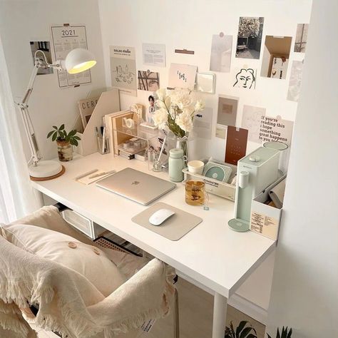 Sage Green Bedroom Desk, Sage Green Desk Decor, Organised Desk Aesthetic, Studying Desk Ideas, Sage Green Desk Setup, Neutral Desk Setup, Sage Green Aesthetic Bedroom, Green Desk Aesthetic, Macbook Desk Setup