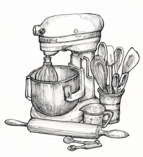 DRawing originally done for Inktober 2022 Pots And Pans Drawing, Stand Mixer Drawing, Cooking Sketches Drawings, Drawing Of Pencil And Eraser, Manmade Objects Drawing, Kitchen Ideas Drawing, Baking Illustration Art, Cooking Art Drawing, Food Sketch Pencil