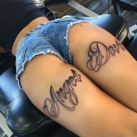 Thigh Tattoo Designs, Girls With Tattoos, 4 Tattoo, Thigh Tattoos, Leg Tattoos Women, Tattoo Lettering Fonts, Badass Tattoos, Girly Tattoos, Hot Tattoos