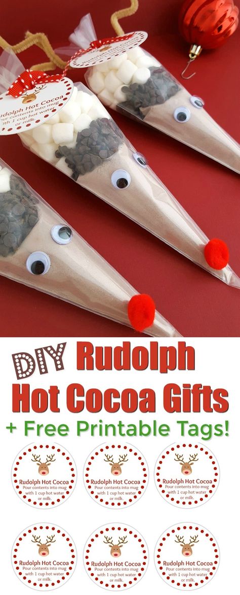 DIY Rudolph Hot Cocoa Holiday Gifts Rudolph Hot Cocoa, Rudolf Hot Chocolate Cones, Rudolph Hot Chocolate Cones, Rudolph Desserts, Cocoa Cones, Hot Cocoa Gifts, Joululahjat Diy, Reindeer Hot Chocolate, Hot Cocoa Gift