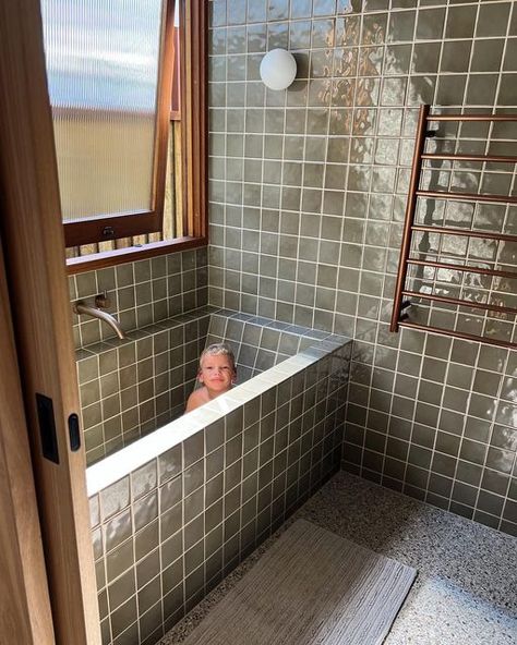 Courtney Adamo | Building & Design on Instagram: "From the weekend when we pretended to have just one child. 💛 (He kept saying ‘this is the best day of my life’! 🥰🫠.)" Roman Tub Shower Combo, Mcm Bathtub, Small Bathrooms With Bathtub, Small Bathroom With Bathtub, Shower In Bath, Tiled Bathtub, Tile Bathtub, Tiled Bath, Courtney Adamo