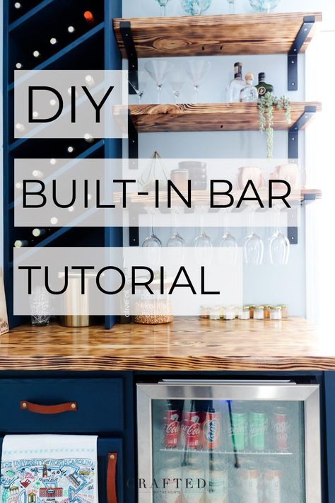 Ever wanted a built-in bar in your game room? Build one! This DIY tutorial will show you how to turn a stock cabinet from Home Depot into a custom, built-in bar. Diy Bar Closet, Bar Hacks Diy, Home Bar Designs Small Living Rooms, Closet To Dry Bar, Home Bar Layout Plan, Basement Bar Diy How To Build, Diy Bar Shelves Ideas, Home Built In Bar Ideas, Bar In A Closet Ideas