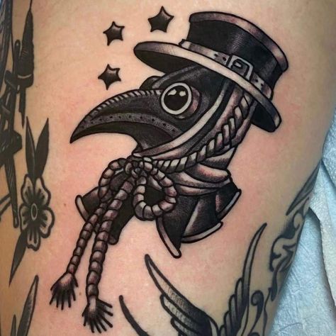 plague-doctor-mask-tattoo-neo-traditional-style-dead-drift-tattoo Halloween Tattoo Men, American Traditional Plague Doctor Tattoo, Dark Traditional Tattoo Flash, Plauge Doctor Traditional Tattoo, Female Plague Doctor Tattoo, Plague Dr Tattoo, American Traditional Plague Doctor, Neo Traditional Patchwork, Plague Doctor Mask Tattoo