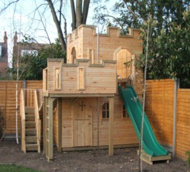 Castle Playhouse With Wobbly Bridge - Project code: PC080472 Castle Playhouse Plans, Outdoor Playhouse Ideas, Kids Playhouse Plans, Castle Playhouse, Treehouse Ideas, Wooden Castle, Playhouse Plans, Indoor Playhouse, Diy Playhouse