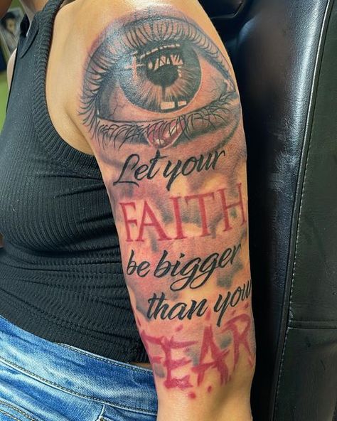 Faith And Fear Tattoo, Let Your Faith Be Bigger Tattoo Men, Creative Men Tattoos, Faith Greater Than Fear Tattoo, Fear Of God Tattoo Men, Fear God Tattoo Women, Faith Over Fear Tattoo Men, Let Your Faith Be Bigger Than Your Fear Tattoo Men, Let Your Faith Be Bigger Tattoo