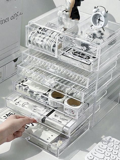 1pc Clear Acrylic Desk Stationery Storage Box With Large Capacity, Multi-Functional Drawer Organizer, Stackable For Notebooks And Sticky NotesI discovered amazing products on SHEIN.com, come check them out! Acrylic Desk Organizer, Acrylic Desk Organiser, Clear Desk Organisers, Acrylic Stationary Organiser, White Stationery With Pen Holders For Organization, Acrilic Drawers For Desk Supplies, Desk Stationery, Acrylic Organizer, Organized Desk Drawers