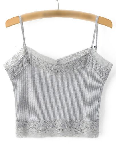 Grey Lace Trim Rib Spaghetti Strap Camis Top -SheIn(Sheinside) Mobile Site Gray Crop Top, Grey Crop Top, Summer Fashions, Grey Lace, Top Shein, Spaghetti Strap Tank Top, Pieces Of Clothing, Lace Splicing, Spaghetti Strap Top