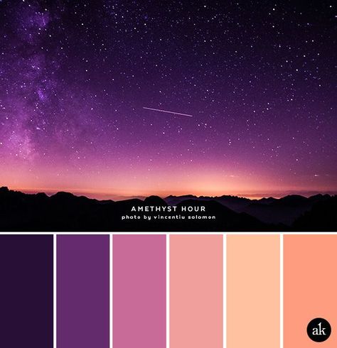 Color Inspiration A night-sky-inspired color palette Unexpected Color Palettes, Gem Color Palette, Ethereal Color Palette, Large Color Palette, Whimsical Color Palette, Color Scenes, Wedding Schemes, Learning Painting, Color Schemes Colour Palettes