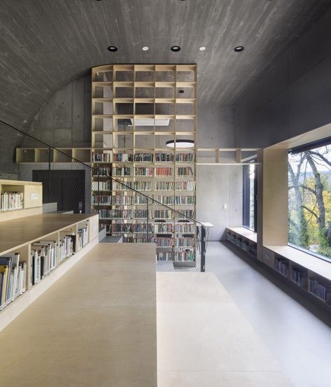 Atak Architekti has created a library and multifunctional community spaces for the city of Liberec in the Czech Republic. Deep Window Sill, Small Library, Ribbed Vault, Masonry Work, Rustic Backdrop, Beautiful Library, Stone Masonry, Timber Structure, Exposed Concrete