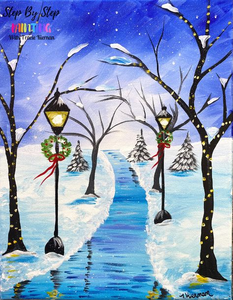 "Icy Winter Path" Acrylic Painting Tutorial - Step By Step Painting With Tracie Kiernan Tracie Kiernan, Christmas Canvas Art, Art Night, Rainbow Painting, Easy Canvas, Canvas Painting Tutorials, Paint Night, Winter Painting, Canvas Painting Diy