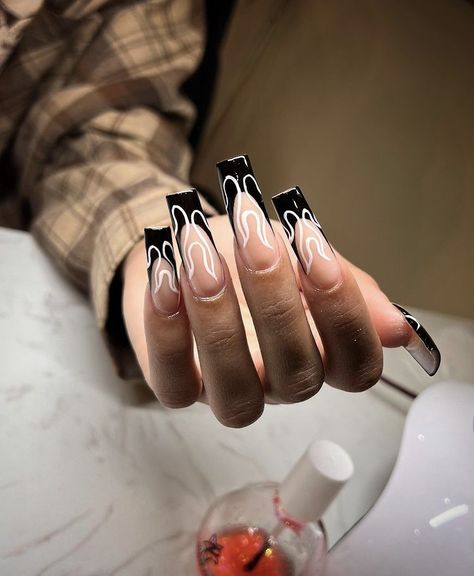 Black And White Nails Coffin Long, Flame Nails Black And White, Black Nails White Flames, Black And White Flame Nail Designs, Black Flame Nails Coffin, Black Nails With Fire, Black And White Coffin Nail Ideas, Black Fire Nails Designs, White Nails Black Tips