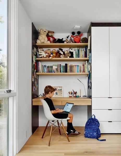 Photo 15 of 240 in Bedroom Wardrobe Photos from A Svelte Austin Home Enables Cleverly Compact Living - Dwell Kids Room Desk, Desk Wardrobe, Bedroom Built In Wardrobe, Study Nook, White Oak Floors, Austin Homes, Room Desk, Compact Living, Building For Kids