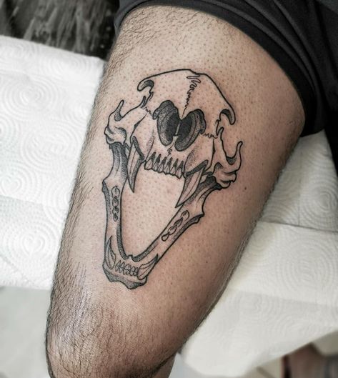 Saber Tooth Tiger Skull Tattoo, Animal Skull Knee Tattoo, Feline Skull Tattoo, Cat Jaw Bone Tattoo, Bear Skeleton Tattoo, Sabertooth Tiger Skull Tattoo, Coyote Skull Tattoo, Paleontology Tattoo, Animal Bones Tattoo