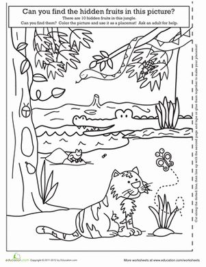 Kindergarten Places Paper Projects Worksheets: Educational Placemat: Jungle Jungle Worksheet, Jungle Theme Activities, Astronaut Activities, Jungle Animals Pictures, Preschool Jungle, Kindergarten Art Crafts, Circus Activities, Jungle Pictures, Preschool Mom