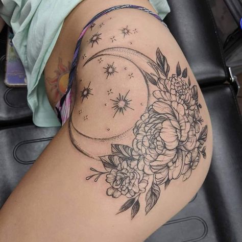 Moon And Flowers Tattoo, Woman Tattoo Artist, Theigh Tattoos, Page Tattoo, Flower Hip Tattoos, Bull Tattoo, Side Thigh Tattoos, Cute Thigh Tattoos, Whimsical Tattoos