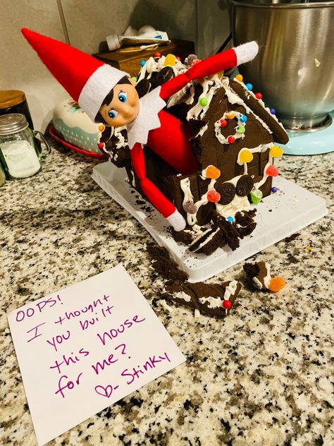 Looks like Stinky broke into the Gingerbread house! Elf On The Shelf Ideas Gingerbread House, Elf Gingerbread House Ideas, Elf And Gingerbread House Shelf Ideas, Elf On The Shelf Gingerbread House Ideas, Elf With Gingerbread House, Elf On Shelf Gingerbread House, Elf Brings Gingerbread House, Elf On The Shelf Gingerbread House, Elf On The Shelf Brings Gingerbread House