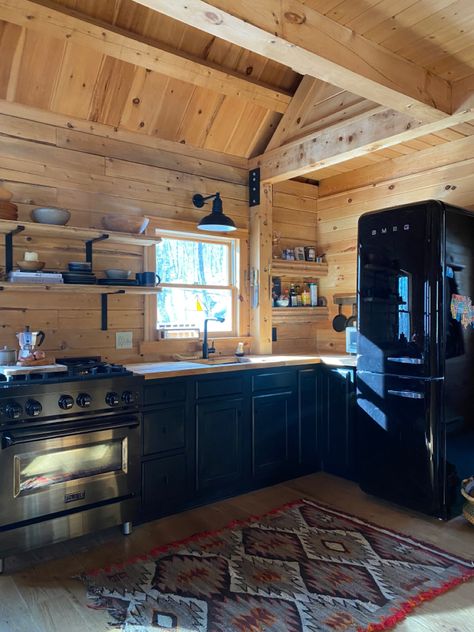 Lake Cabin Kitchen, Cedar Kitchen, Small Lake Cabins, Cedar Interior, Small Cabin Interiors, Cedar Cabin, Vermont House, Small Cabins, Smeg Fridge