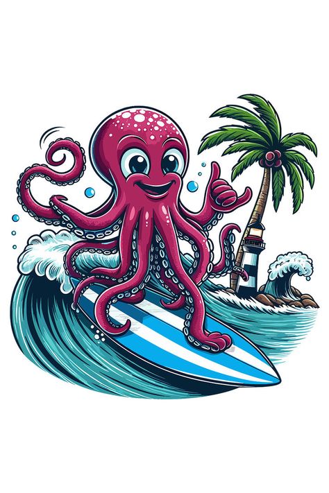 Surfing Octopus with Shaka Sign Shaka Sign, The Calm, Ocean Life, Sports Design, Octopus, Surfing, Around The World