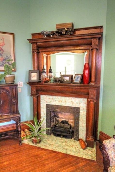 Vintage Fireplaces Ideas, 1940 Fireplace, Federation Interiors, Antique Mantle Fireplace, Brindlewood Bay, Antique Fireplace Decor, Bedroom Mantle, Coal Fireplace, Eastlake Furniture