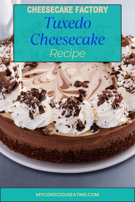 Tuxedo cheesecake with a drizzle of chocolate Tuxedo Cheesecake Factory Recipe, Cheesecake Factory Tuxedo Cheesecake, Cheesecake Factory Tuxedo Cheesecake Recipe, Tuxedo Cheesecake Recipe, Tuxedo Cheesecake, Christmas Desert Recipes, Chocolate Tuxedo, Friendsgiving Recipes, Copycat Cheesecake Factory