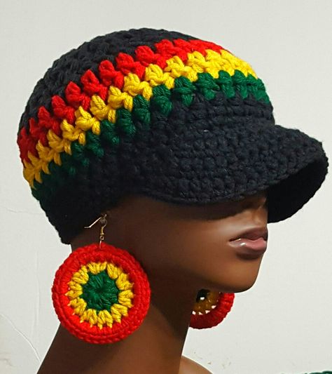 Crochet Rasta Hat, Rasta Crochet, Crochet Baseball, Rasta Style, Learning Crochet, African Colors, Crochet Winter Hats, Rasta Colors, Earrings Patterns