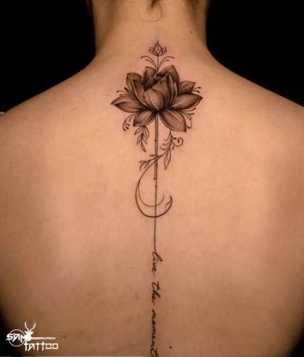 165+ Lotus Flower Tattoo Designs Girl Spine Tattoos, Back Tattoo Women Spine, Back Tattoos Spine, Feminine Back Tattoos, Small Lotus Flower Tattoo, Spine Tats, Flower Spine Tattoos, Spine Tattoo Ideas, Lotus Flower Tattoo Design