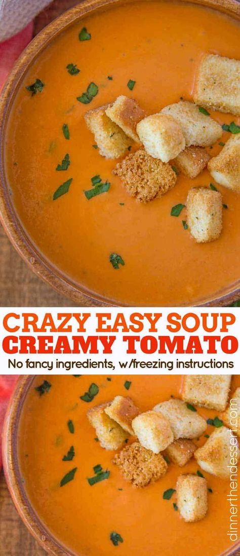 Easy Creamy Tomato Soup made with just a handful of ingredients and so smooth you'll never eat the canned stuff again. Plus it is ridiculously easy to make! | #soup #tomatosoup #easysoup #30minutemeals #creamysoup #weeknightmeals #slowcooker #easyrecipes #dinnerthendessert #vegetarian Easy Cream Of Tomato Soup, Creamy Tomato Soup With Fresh Tomatoes, Easy Tomato Soup With Canned Tomatoes, Cream Of Tomato Soup With Fresh Tomatoes, Cream Of Tomato Soup Recipe, Creamy Tomato Soup Easy, Easy Creamy Tomato Soup, Easy Tomato Soup Recipe, Soup Creamy