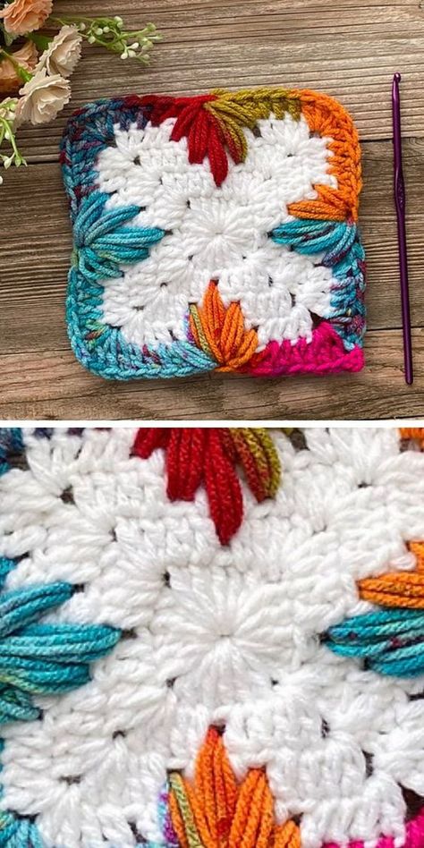 Motifs Afghans, Crochet Flower Granny Square Pattern, Granny Square Crochet Patterns Free, Crochet Blanket Designs, Crocheted Flowers, Mode Crochet, Afghan Patterns, Mantel Decor, Crochet Square Patterns