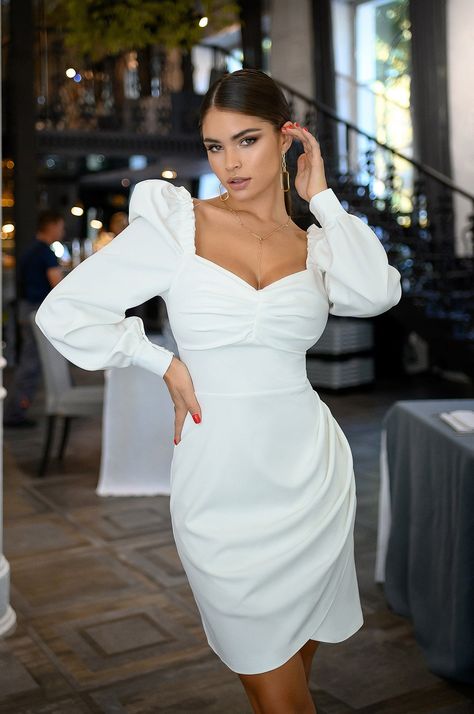 White Puff-Sleeve Mini Dress Convocation Dress, White Classy Dress, Nice White Dresses, White Puff Sleeve Dress, Mode Poses, Puffy Wedding Dresses, Grad Dresses Short, Stylish Short Dresses, Wedding Reception Dress