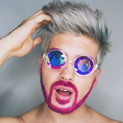 Makeup Mustache, Cosmic Cocktails, Unusual Aesthetic, Capitol Fashion, Glitter Beard, Beard Makeup, Drag Kings, Glitter Beards, Frozen Cosplay