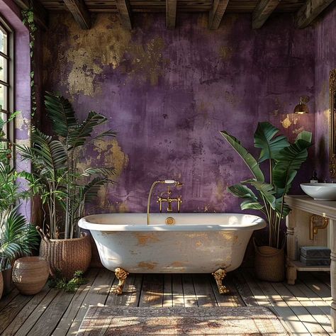 Take a relaxing bath in this rustic bathroom, and allow the purple vibes to bring you serenity 🌸 Purple Bathroom Ideas Decor, Bathroom Purple, Purple Bathroom, House Colours, Washroom Decor, Purple Bathrooms, Purple Vibe, Washroom Design, Luxe Life