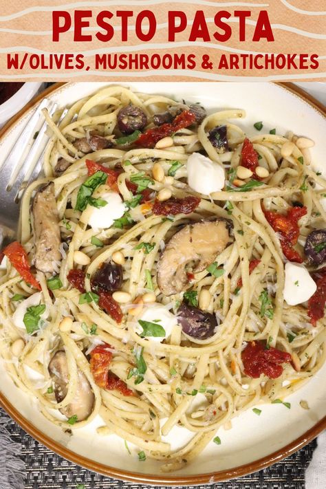 Plate of pesto pasta with olives, mushrooms and artichokes. Additional optional add-ons include: mozzarella balls, sun dried tomatoes, toasted pine nuts Pesto Pasta With Mushrooms, Capellini Pasta, Spinach Mushroom Pasta, Pasta With Olives, Artichoke Pasta, Pesto Pasta Recipes, Artichoke Recipes, Shiitake Mushrooms, Mushroom Pasta