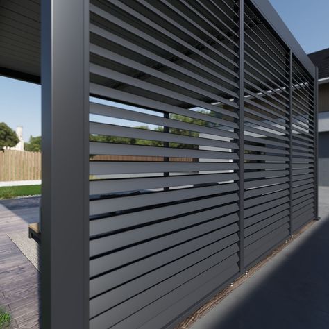 The structure of the season - Lugano Louvered Pergola Here's a few reasons to love it: ✨Manually Adjustable Louver Rotation Up To 135° ✨Smart Drainage System ✨Robust Heavy-Gauge Aluminum Frame ✨Modern Two-Tone Design ✨Add on Accessories Available Don’t miss out on adding this beauty to your outdoor space! Learn more via link in bio. #louveredpergola #louveredroof #pátiodesign #dreambackyard #backyardoasis #outdoor #outdoorsolutions #pergola #pergolagoals #outdoorliving Outdoor Privacy Panels, Louvered Pergola, Canopy Curtains, Horizontal Design, Heater Cover, Replacement Canopy, Drainage System, Aluminum Pergola, Backyard Entertaining