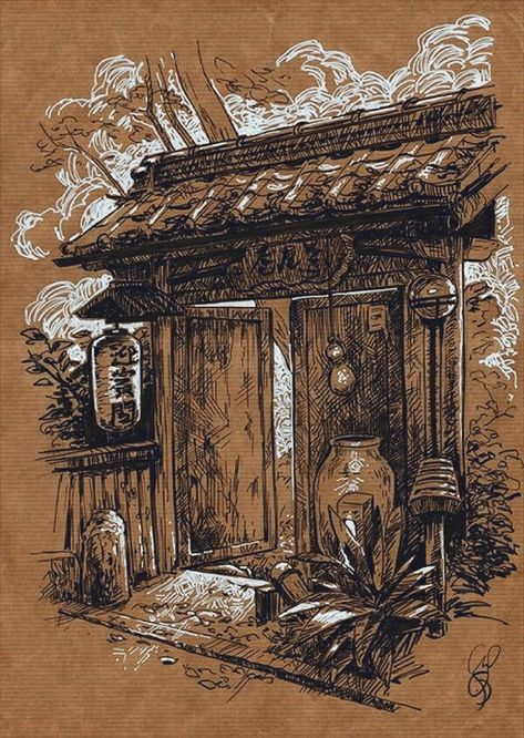 Illustration Concept Art, Arte Grunge, Watercolor Architecture, Pen Art Drawings, Architecture Drawing Art, Japon Illustration, Toned Paper, Architectural Drawings, World View