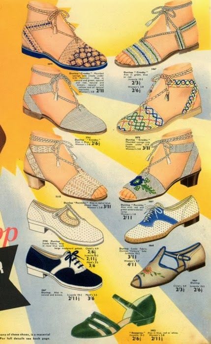 Flashback Summer: Let's Talk Flats- 1940s, 1950s vintage flat shoes 1940s Summer, 1940s Shoes, Fashion 1940s, Shoes Ads, Summer Shoe, Vintage Flats, Retro Shoes, 1940s Fashion, Moda Vintage