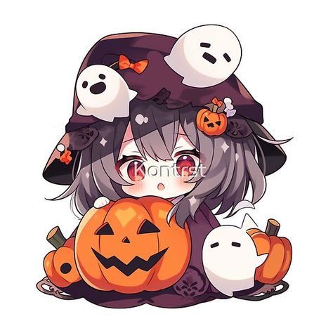 This cute chibi sticker shows a little witch with red eyes and dark hair sitting on the floor next to a jack-o-lantern pumpkin. She is surrounded by several friendly ghosts. The sweet halloween design captures a playful spooky vibe. Printed on durable, wat Halloween Drawings Anime, Chibi Halloween Art, Chibi Halloween Pose, Hyena Sketch, Halloween Anime Art, Chibi Pumpkin, Spooky Halloween Drawings, Character Art Ideas, Chibi Ghost