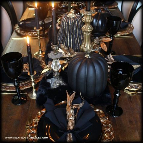 DIY Gothic Baroque Skull Candle Sconces | Me and Annabel Lee Black And Gold Fall Table Setting, Black Gold Halloween Decor, Gothic Thanksgiving Decor, Black White And Gold Thanksgiving Table, Black And Orange Thanksgiving Table, Thanksgiving Table Settings Elegant Gold, Black And Gold Thanksgiving Table, Dark Thanksgiving Table, Black And Gold Fall Decor