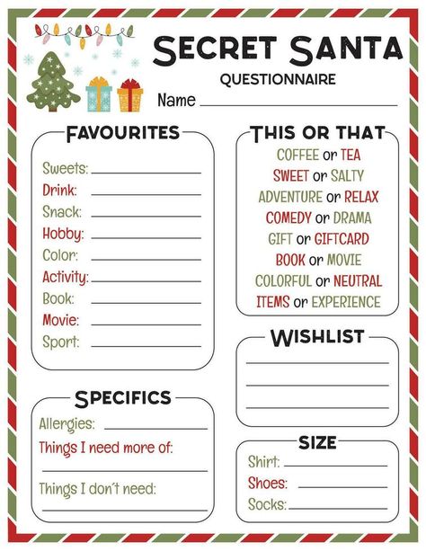 Christmas Gift Questionnaire, Gift Questionnaire, Wish List Template, Secret Santa List, Christmas Wish List Template, Secret Santa Questionnaire, Workplace Gifts, Santa Wish List, Office Secret Santa