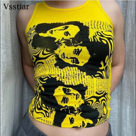 Vsstiar Sexy Print Tanks Women Summer Y2K Sleeveless Off Shoulder Clothes Fashion Streetwear Casual Portrait Tie Dye Crop Tops green-175-L Sweat Vest, Jeans Patchwork, Creative Clothes, Aesthetic Streetwear, Gothic Vintage, Harajuku Streetwear, Crop Top Casual, Top Streetwear, Vintage Fits