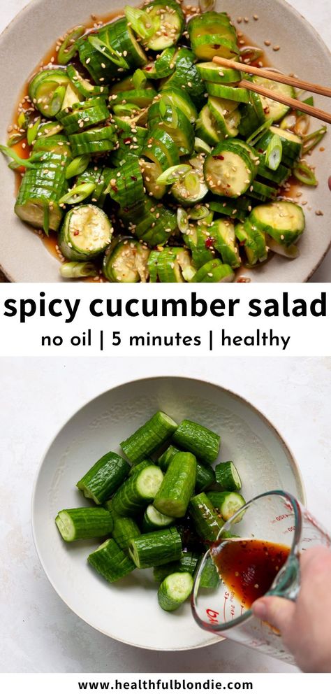 This Asian-inspired spicy cucumber salad recipe is light, refreshing, and healthy. It's packed with fresh ingredients like crisp accordion cucumbers, green onion, soy sauce, red chili flakes, garlic, and sesame oil. The perfect 5-minute side dish, appetizer, and snack! Spicy Cucumber Salad, Spicy Cucumber, Cucumber Salad Recipe, Cucumber Recipes Salad, Cucumber Recipes, Red Chili Flakes, Green Onion, Chili Flakes, Healthy Appetizers