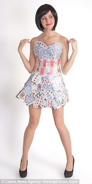 Deck Of Cards Dress, Paper Outfits, Trash Dress, Cards Costume, Card Dress, Recycled Outfit, Fitted Cocktail Dress, Card Costume, Recycled Outfits