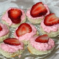 Creamy Strawberry Sandwiches Allrecipes.com Cucumber Sandwiches With Cream Cheese, Strawberry Sandwiches, Cream Cheese And Strawberries, Sandwiches With Cream Cheese, Pink Sandwich, Strawberry Sandwich, Shower Recipes, Cucumber Yogurt Sauce, Cucumber Yogurt