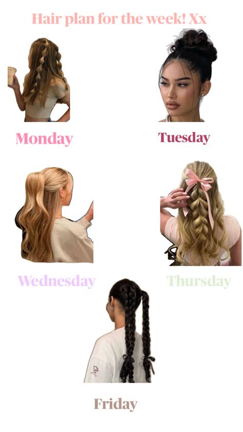 Cute hairstyles for the week Finals Week Hairstyles, Hairstyles For Monday, Non Basic Hairstyles, Hair Of The Week, Days Of The Week Hairstyles, Hair For The Week, Hairstyles For Everyday Of The Week, Hairstyles For Each Day Of The Week, Hairstyles Of The Week