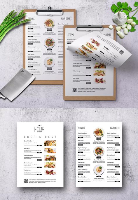 Four Seasons Minimal Menu Template PSD - A4 & US Letter with bleed area and safety zone - 300 DPI High Resolution - CMYK Color Mode. Download Menu Design Layout, Menu Design Inspiration, Cafe Menu Design, Menue Design, Menu Layout, Food Menu Template, Menu Design Template, Menu Inspiration, Food Menu Design